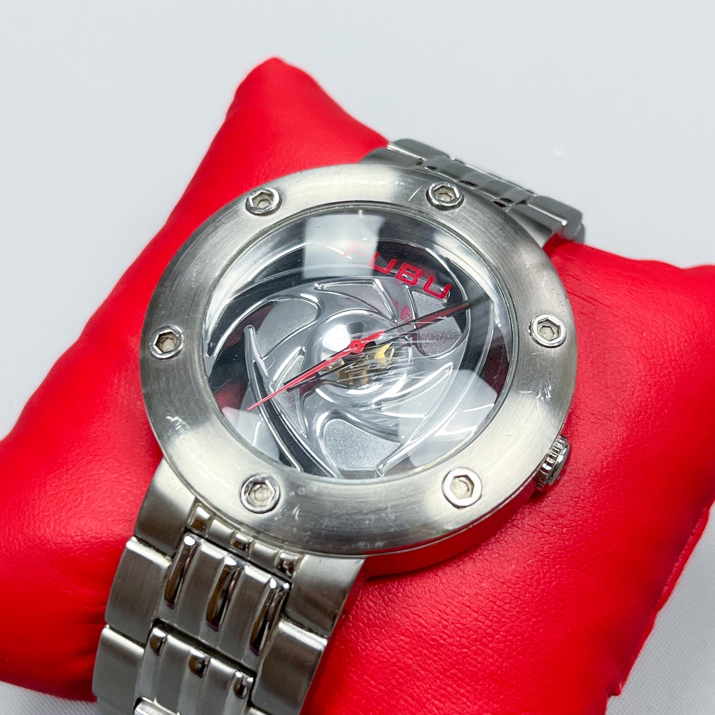 FUBU Spiral Alloy Wheel Skeleton Watch