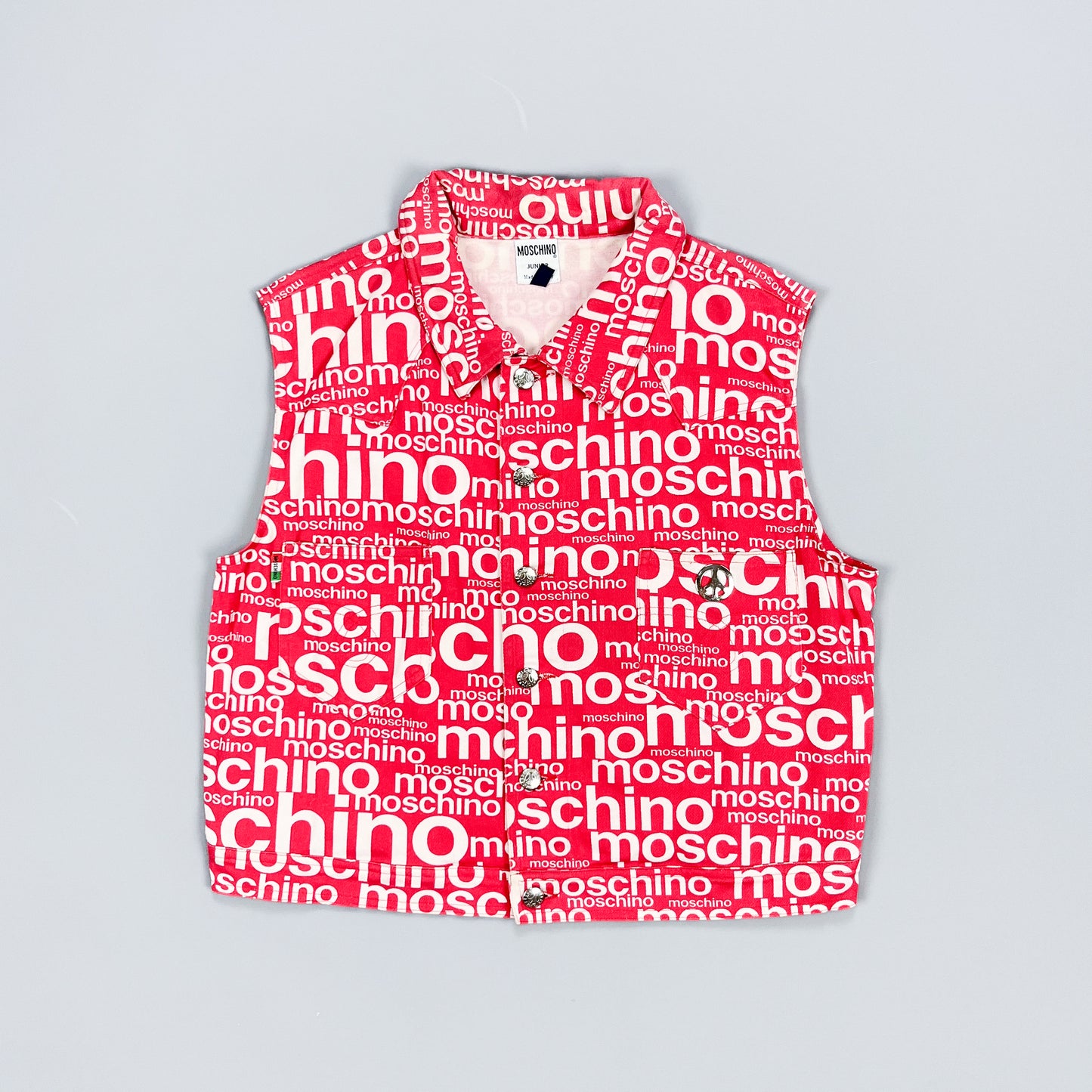 Moschino Jeans 'All over spellout' Sleeveless Trucker Denim Jacket Vest - Size: 16
