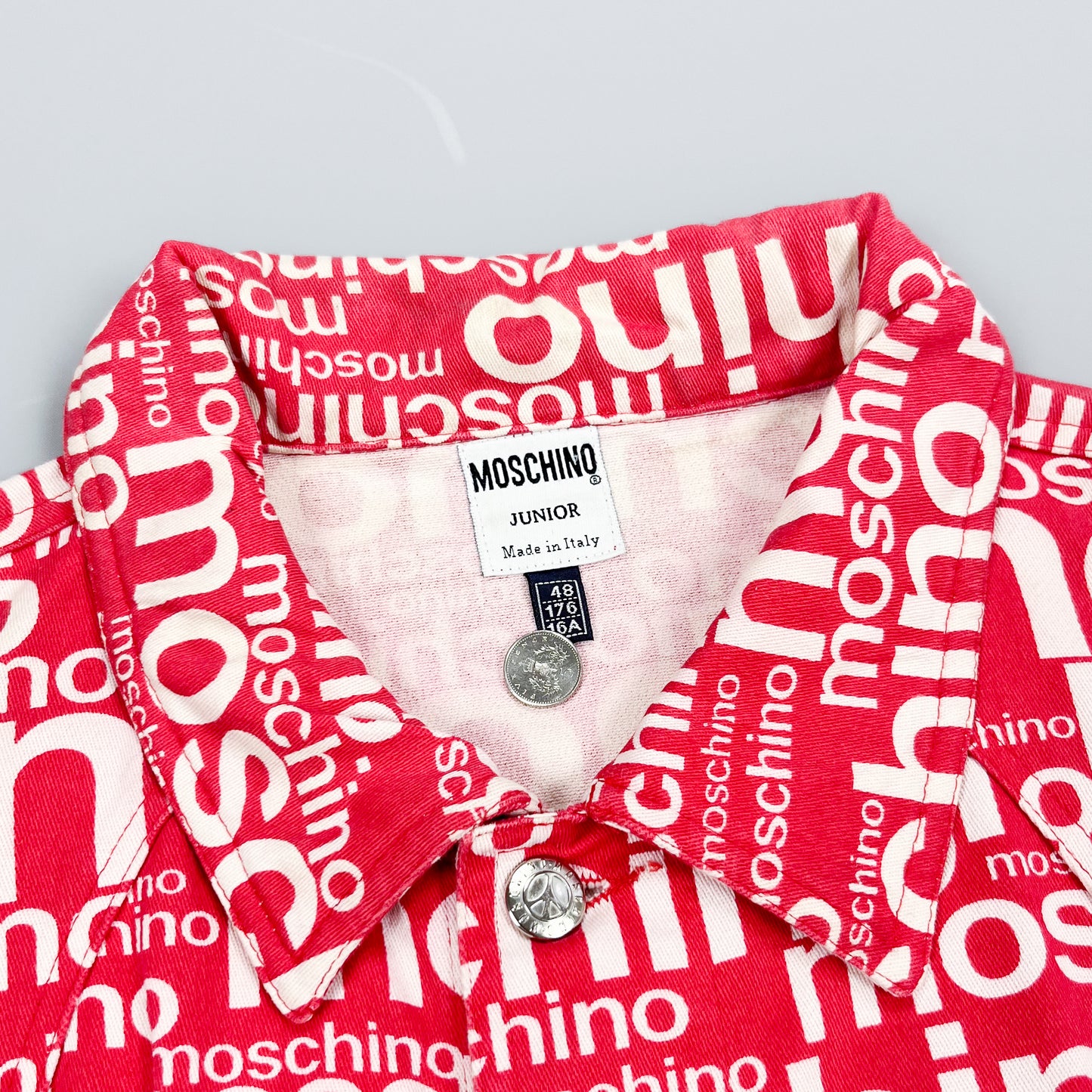 Moschino Jeans 'All over spellout' Sleeveless Trucker Denim Jacket Vest - Size: 16