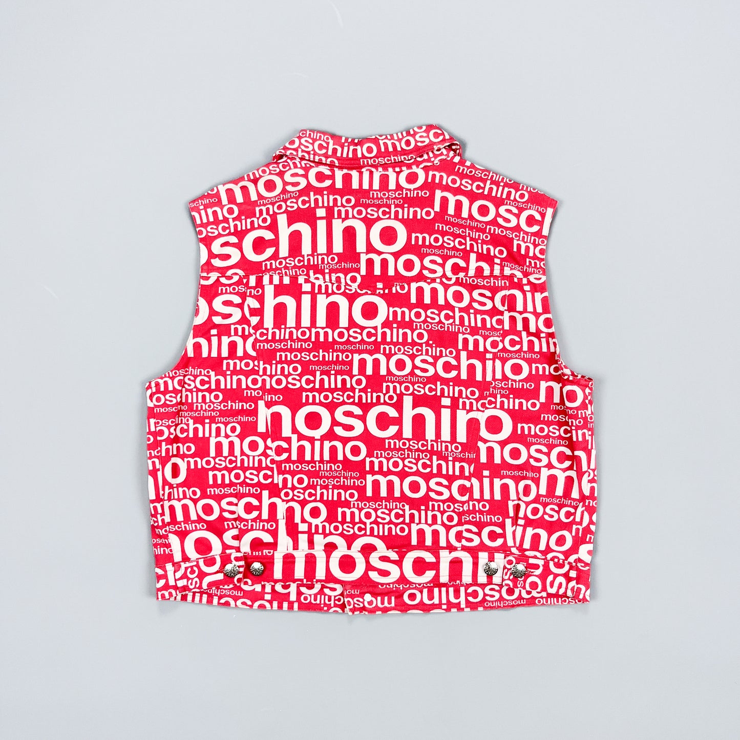 Moschino Jeans 'All over spellout' Sleeveless Trucker Denim Jacket Vest - Size: 16