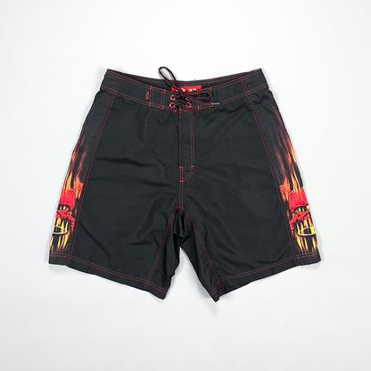 Oakley Early 2000's Flame Skull Ellipse Black Board Shorts - Size: 33"