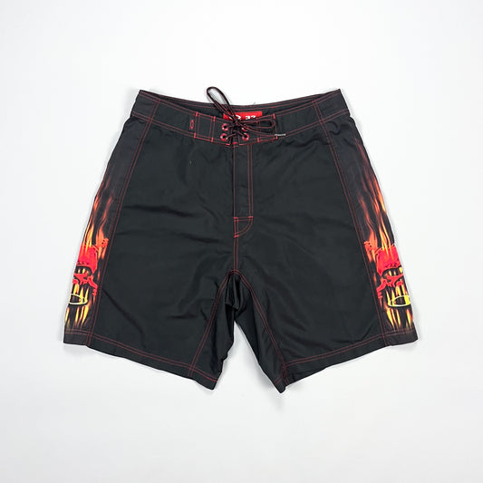 Oakley Early 2000's Flame Skull Ellipse Black Board Shorts - Size: 33"