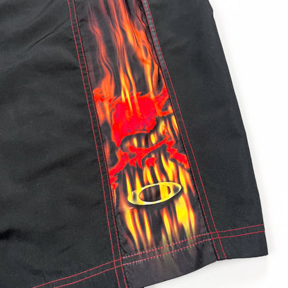 Oakley Early 2000's Flame Skull Ellipse Black Board Shorts - Size: 33"