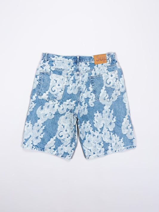 Supreme Jacquard Flames Baggy Denim Shorts - Blue - Size: 34"