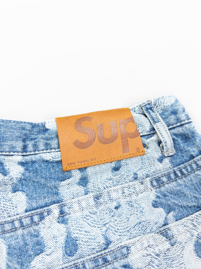 Supreme Jacquard Flames Baggy Denim Shorts - Blue - Size: 34"
