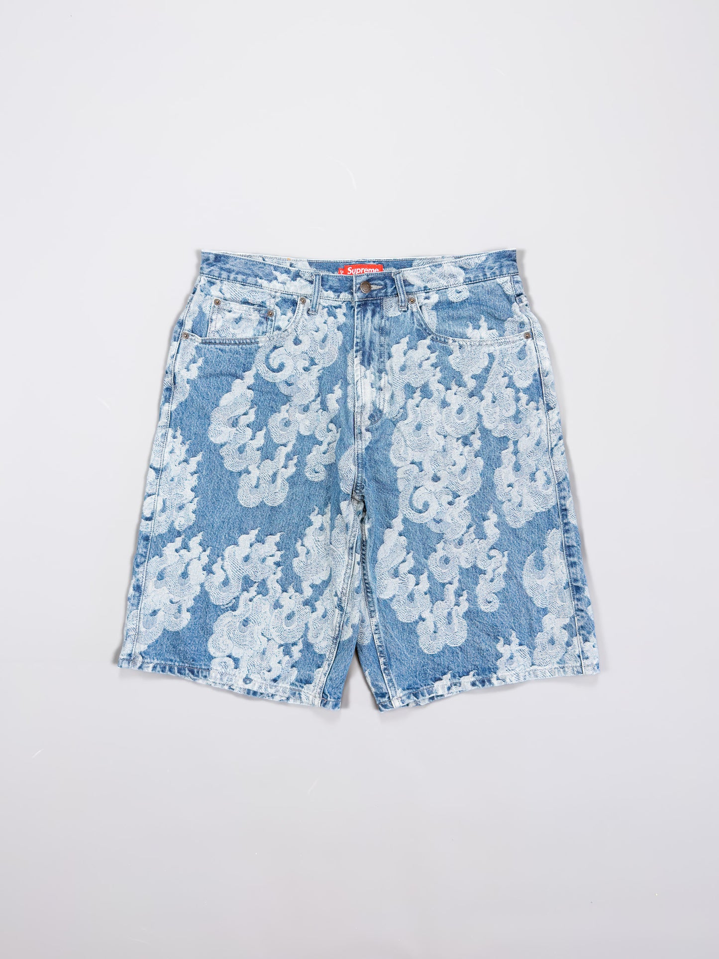 Supreme Jacquard Flames Baggy Denim Shorts - Blue - Size: 34"