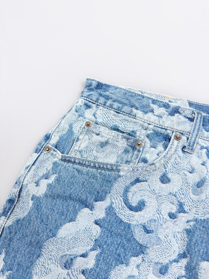 Supreme Jacquard Flames Baggy Denim Shorts - Blue - Size: 34"