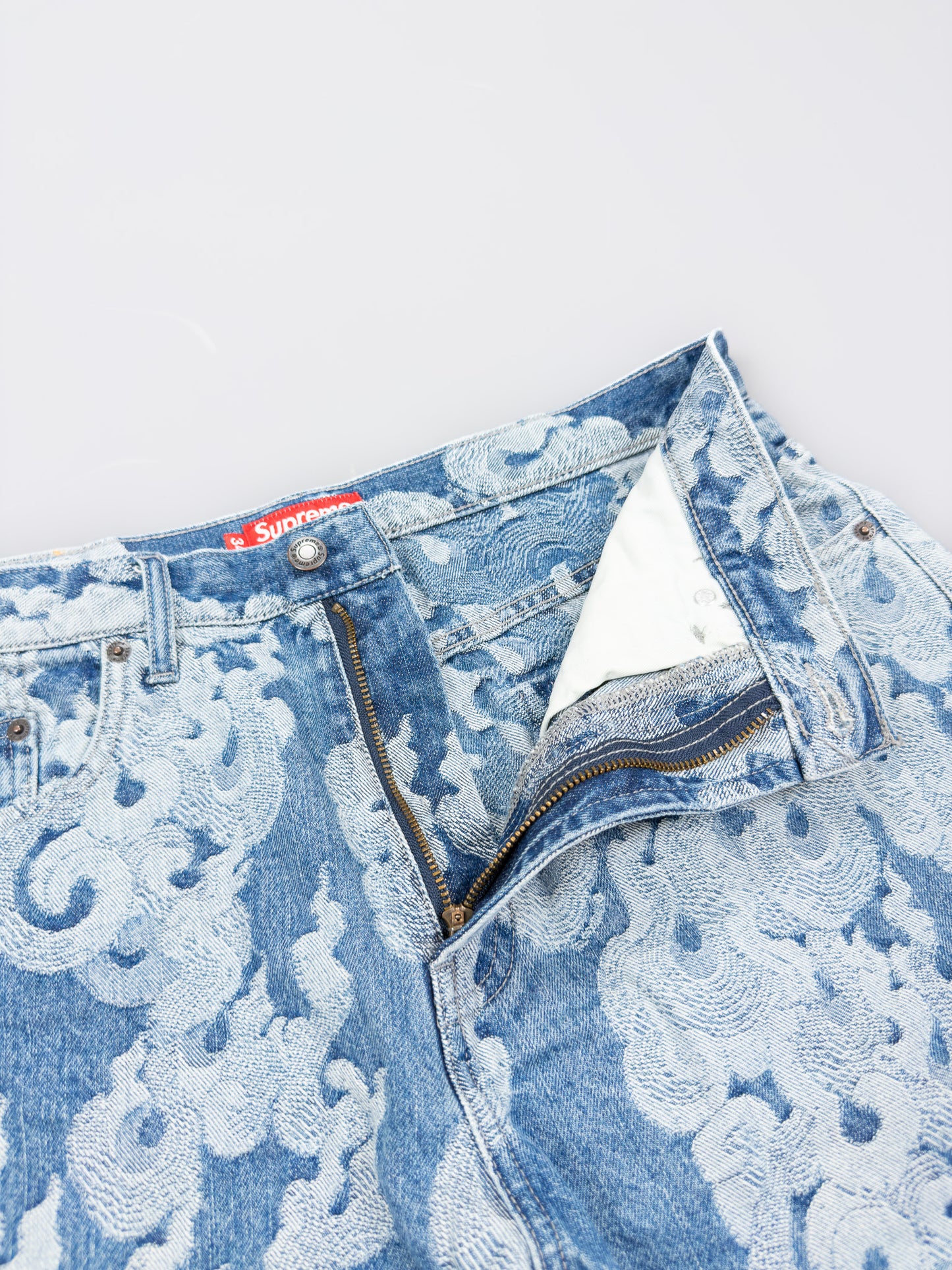 Supreme Jacquard Flames Baggy Denim Shorts - Blue - Size: 34"