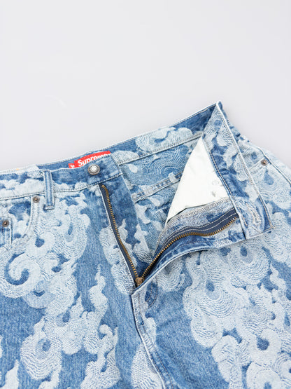 Supreme Jacquard Flames Baggy Denim Shorts - Blue - Size: 34"