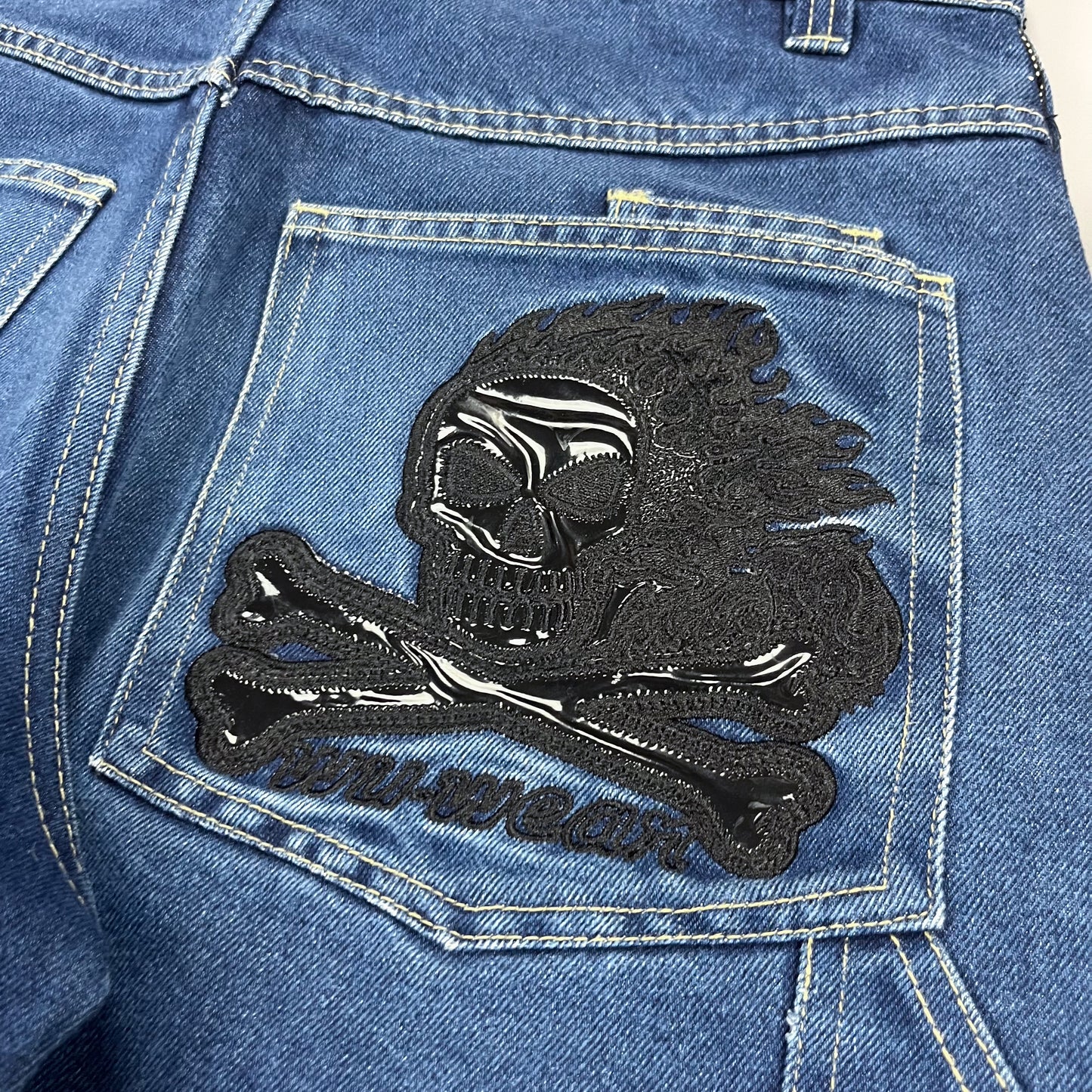 Wu Wear Wu Tang 'Ghost Rider' Flaming Skull Denim Carpenter Jeans - Size: 32"