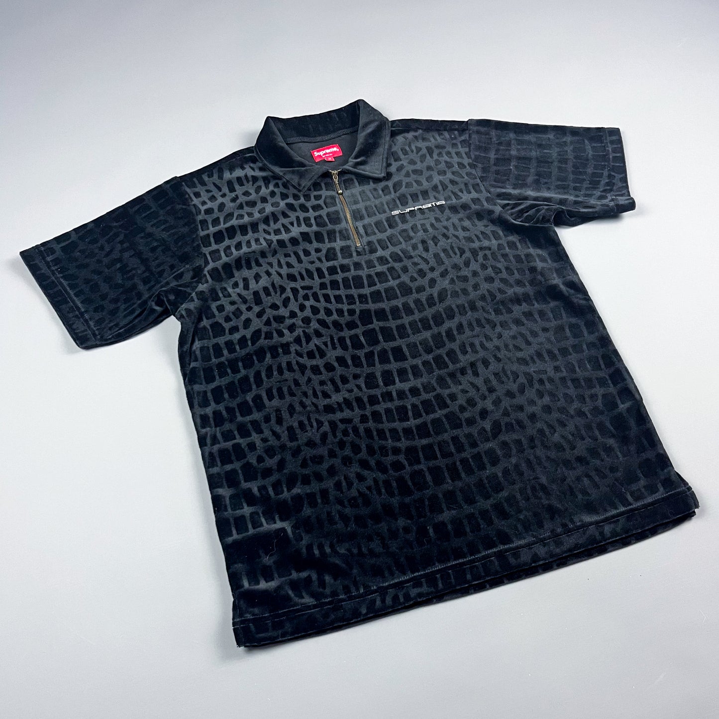 Supreme Crocodile Pattern Velour Polo Shirt - Size: Medium