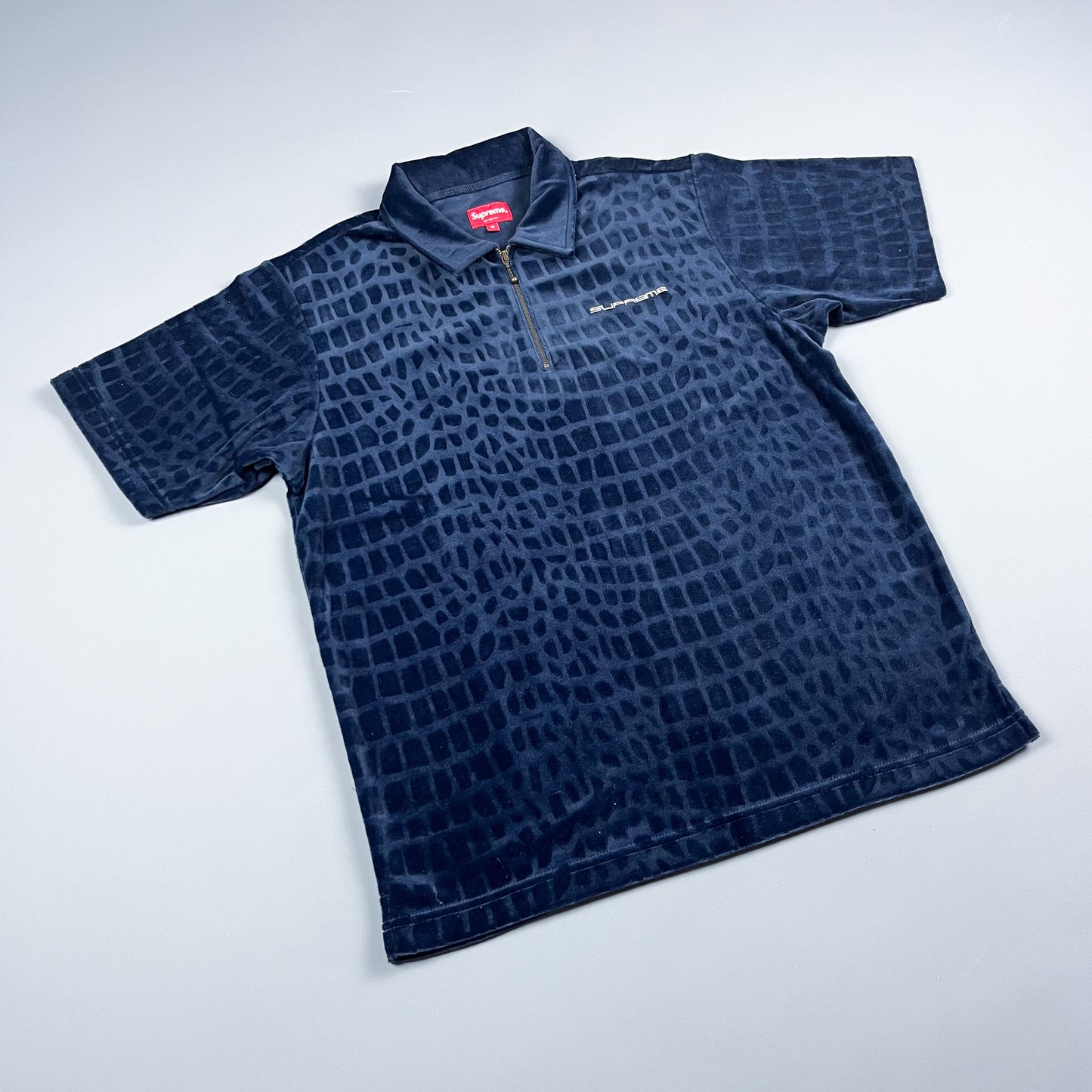 Supreme Crocodile Pattern Velour Polo Shirt - Size: Medium