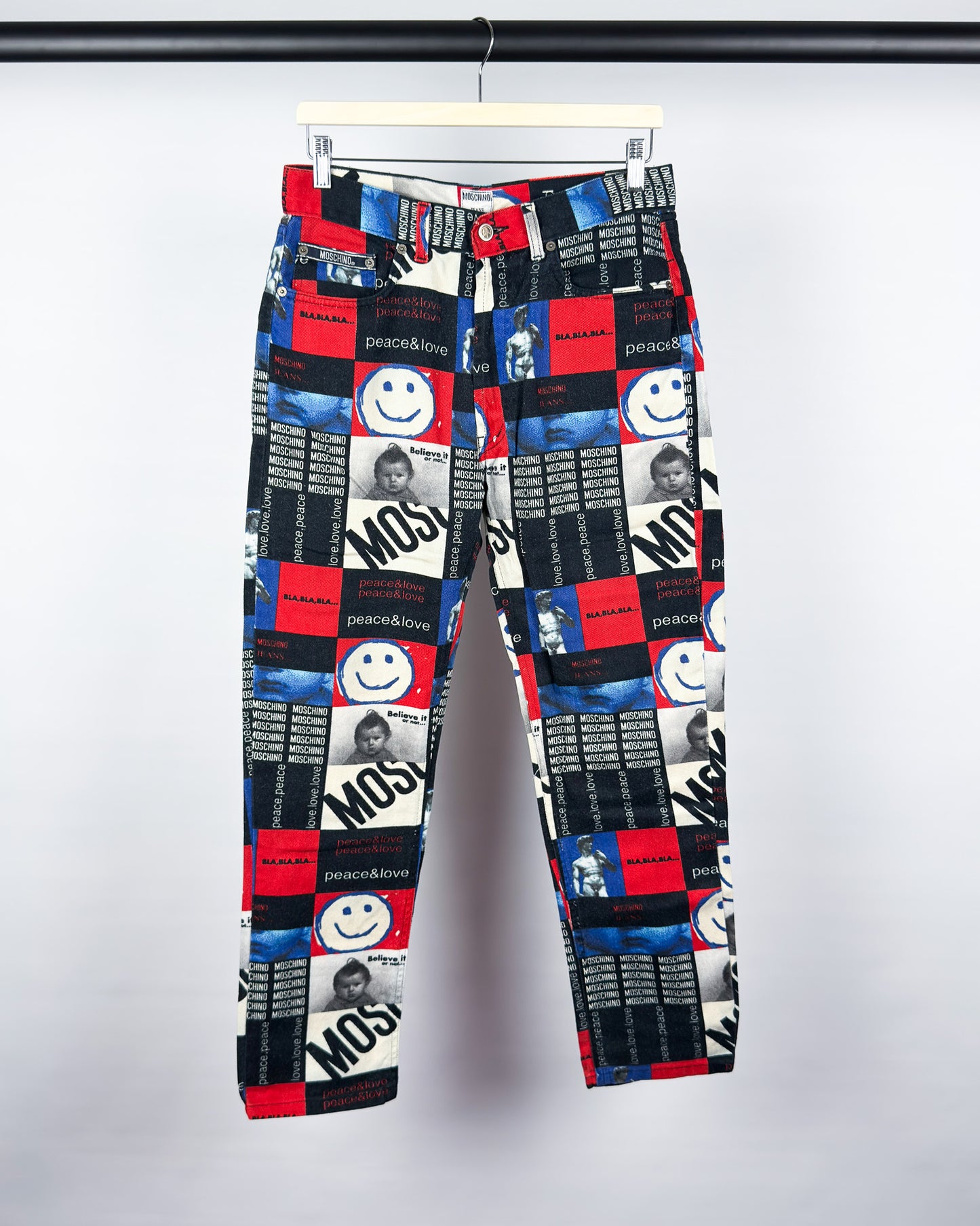 Moschino Jeans 'Peace & Love' Print Jeans - Size: 32" - 90s - Vintage