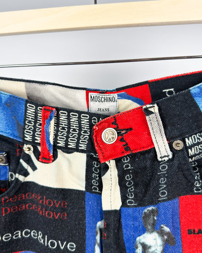 Moschino Jeans 'Peace & Love' Print Jeans - Size: 32" - 90s - Vintage