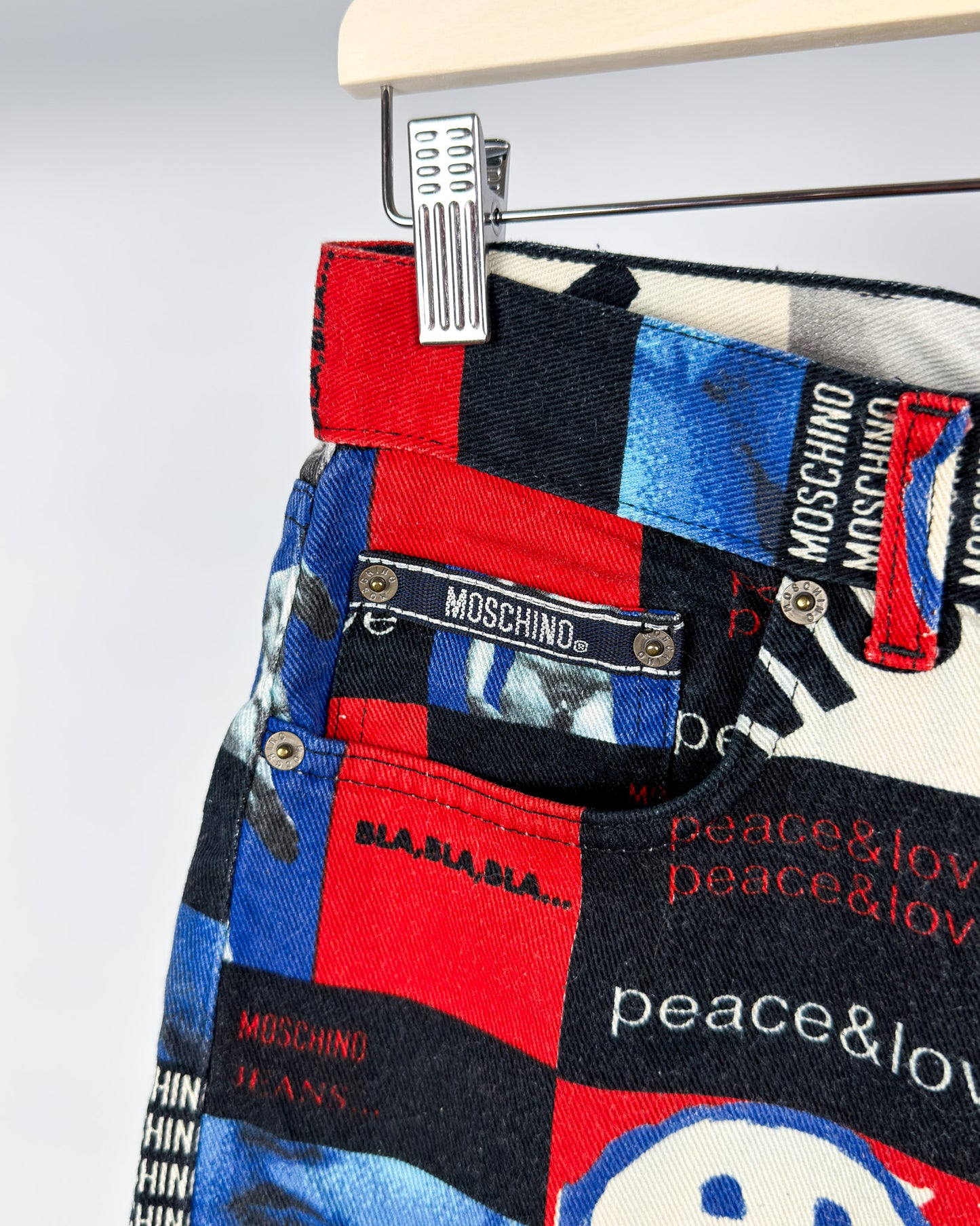 Moschino Jeans 'Peace & Love' Print Jeans - Size: 32" - 90s - Vintage