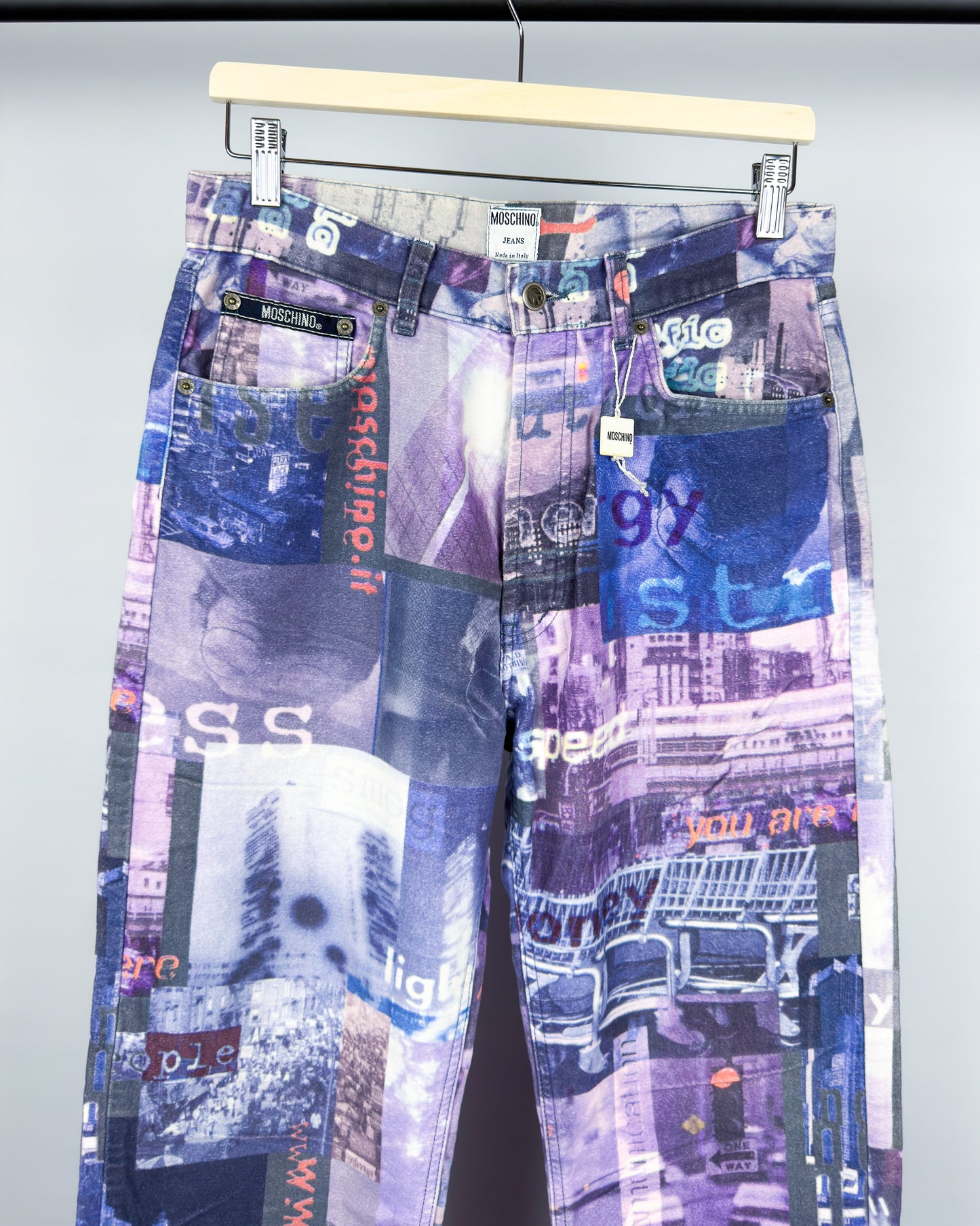 Moschino Moleskin Jeans 'Pollution' Printed Jeans - Size: 32” - Early 2000s - Vintage
