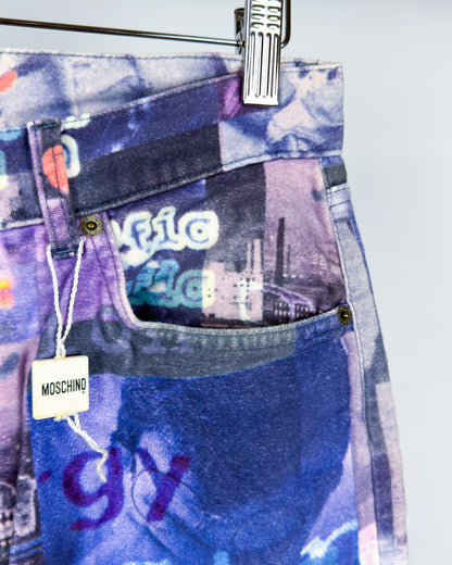 Moschino Moleskin Jeans 'Pollution' Printed Jeans - Size: 32” - Early 2000s - Vintage