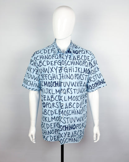 Moschino Jeans 90’s ‘Alphabet’ Button-up Short Sleeve Shirt - Light Blue/Navy - Size: XL