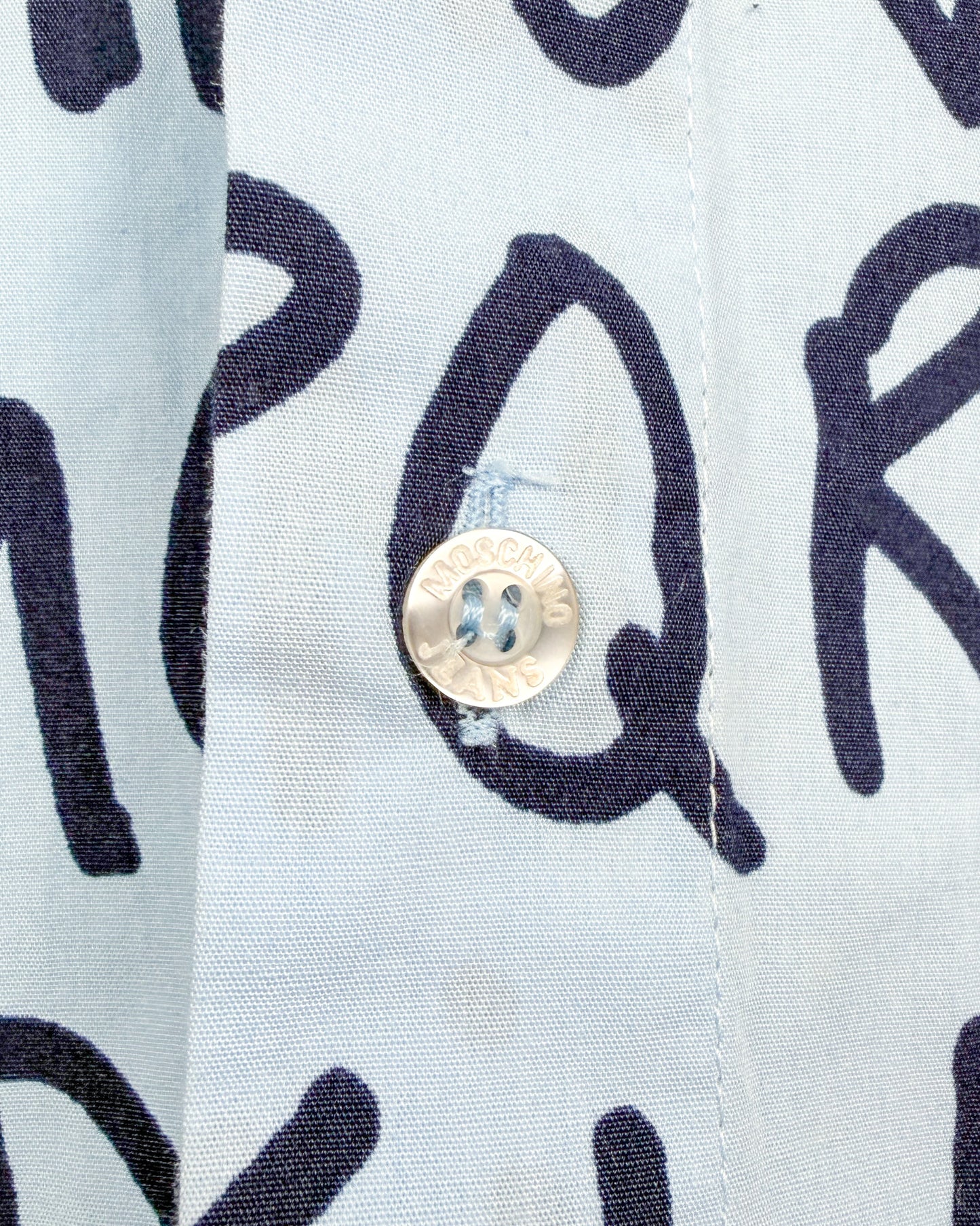 Moschino Jeans 90’s ‘Alphabet’ Button-up Short Sleeve Shirt - Light Blue/Navy - Size: XL