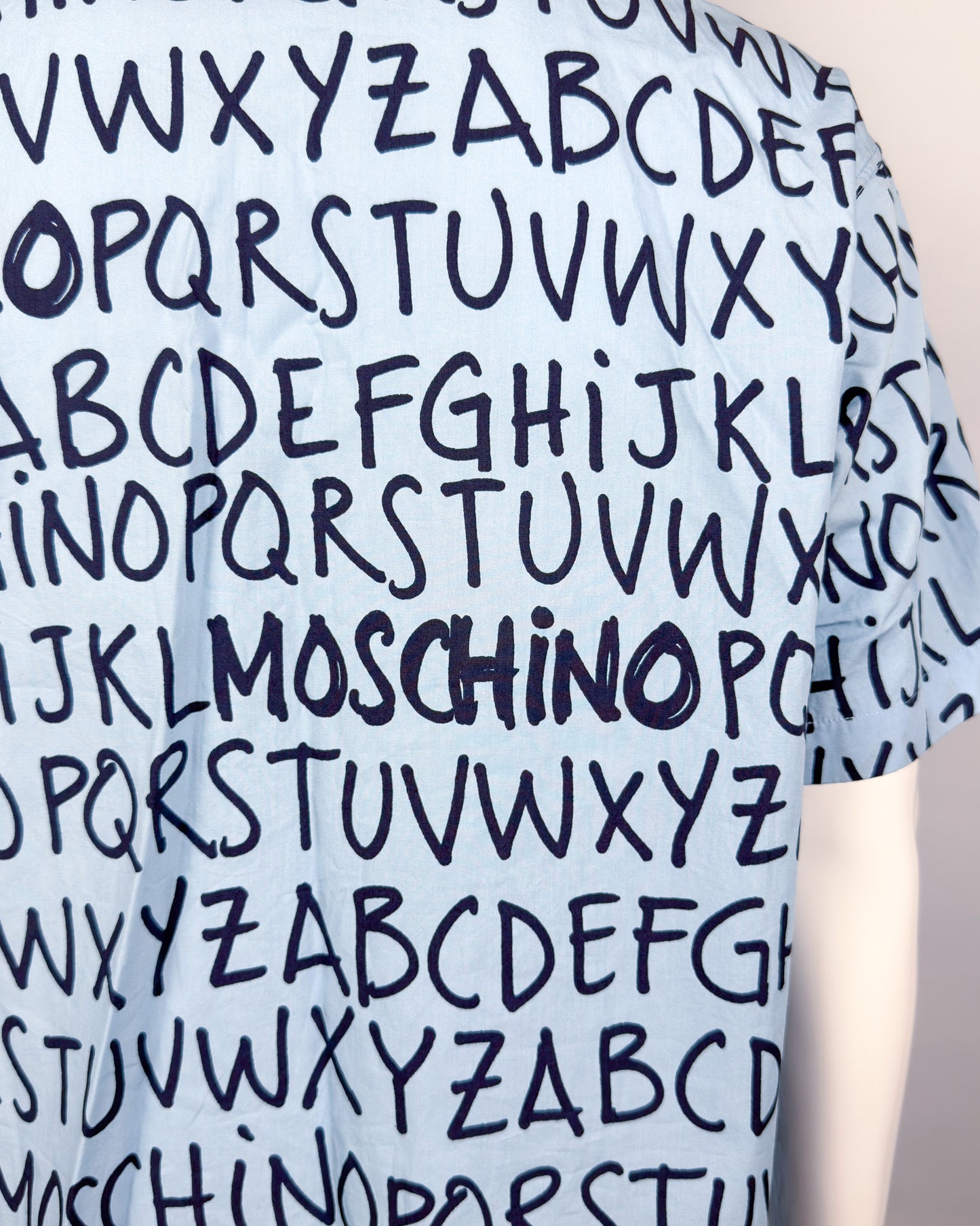 Moschino Jeans 90’s ‘Alphabet’ Button-up Short Sleeve Shirt - Light Blue/Navy - Size: XL