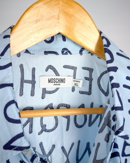 Moschino Jeans 90’s ‘Alphabet’ Button-up Short Sleeve Shirt - Light Blue/Navy - Size: XL