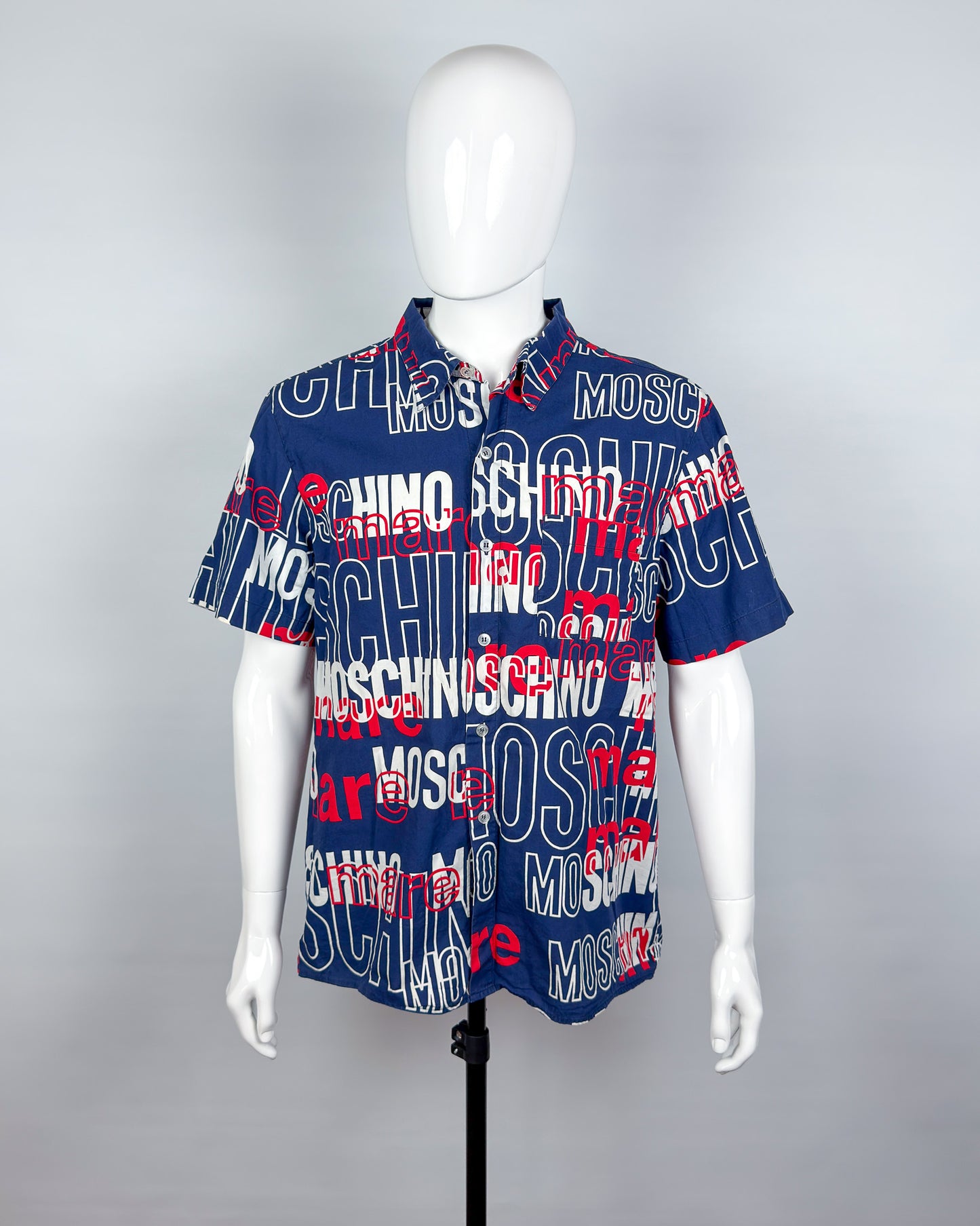 Moschino Mare Spellout Button Up Short Sleeve Shirt - Navy/Red/White - Size: L/XL