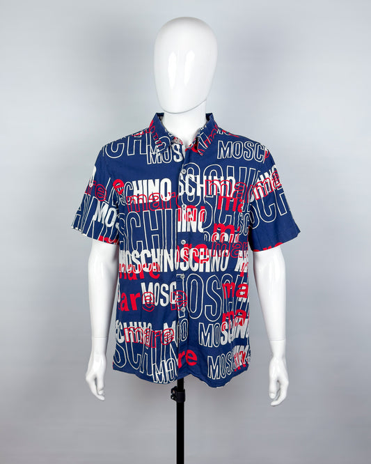 Moschino Mare Spellout Button Up Short Sleeve Shirt - Navy/Red/White - Size: L/XL