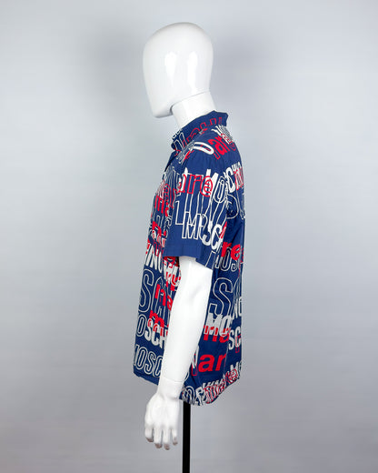 Moschino Mare Spellout Button Up Short Sleeve Shirt - Navy/Red/White - Size: L/XL
