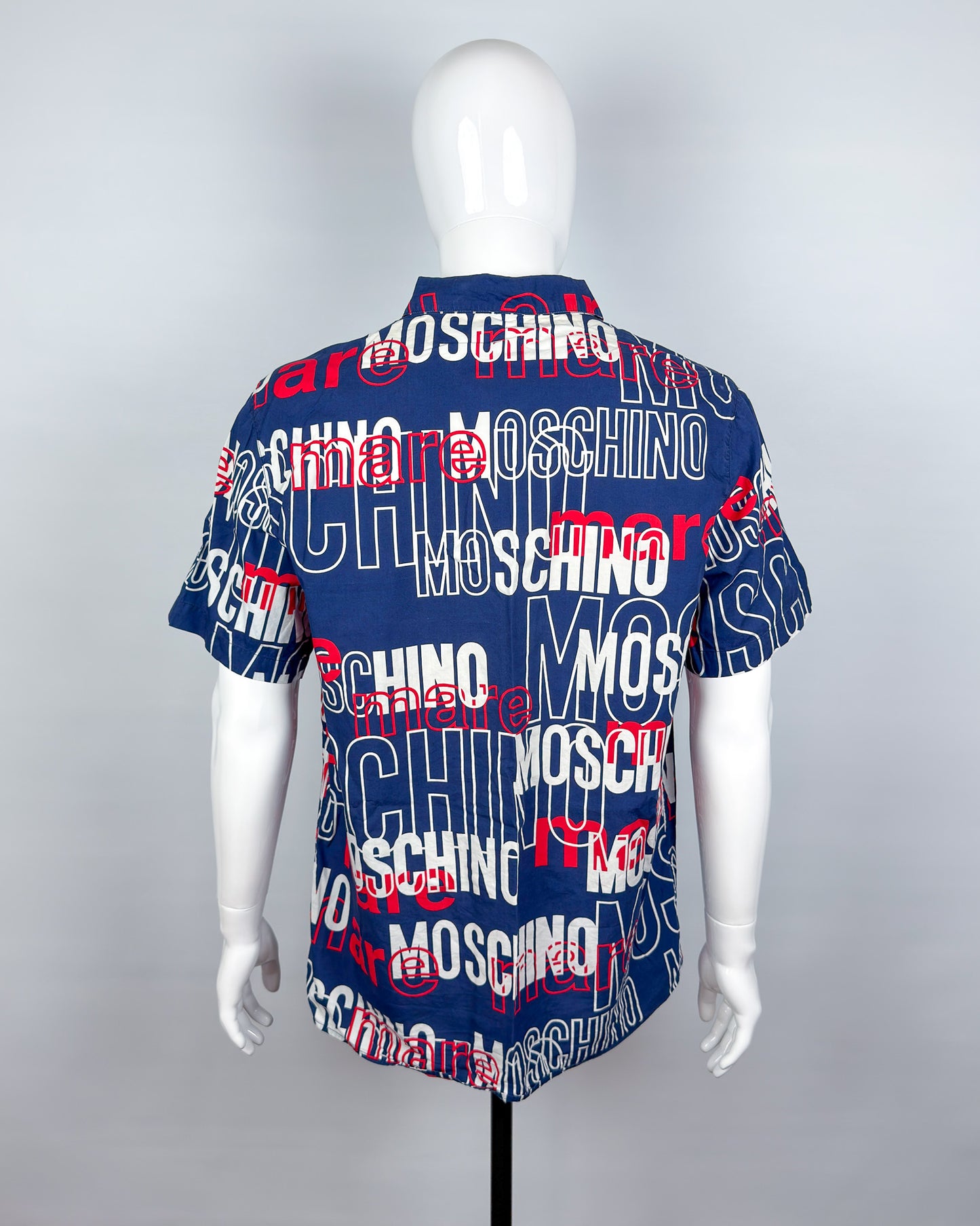 Moschino Mare Spellout Button Up Short Sleeve Shirt - Navy/Red/White - Size: L/XL