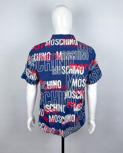 Moschino Mare Spellout Button Up Short Sleeve Shirt - Navy/Red/White - Size: L/XL
