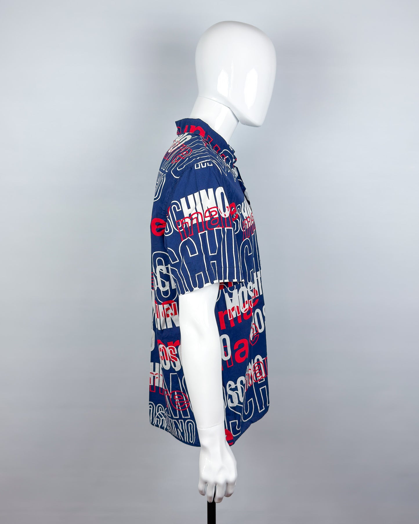 Moschino Mare Spellout Button Up Short Sleeve Shirt - Navy/Red/White - Size: L/XL