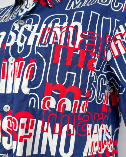 Moschino Mare Spellout Button Up Short Sleeve Shirt - Navy/Red/White - Size: L/XL