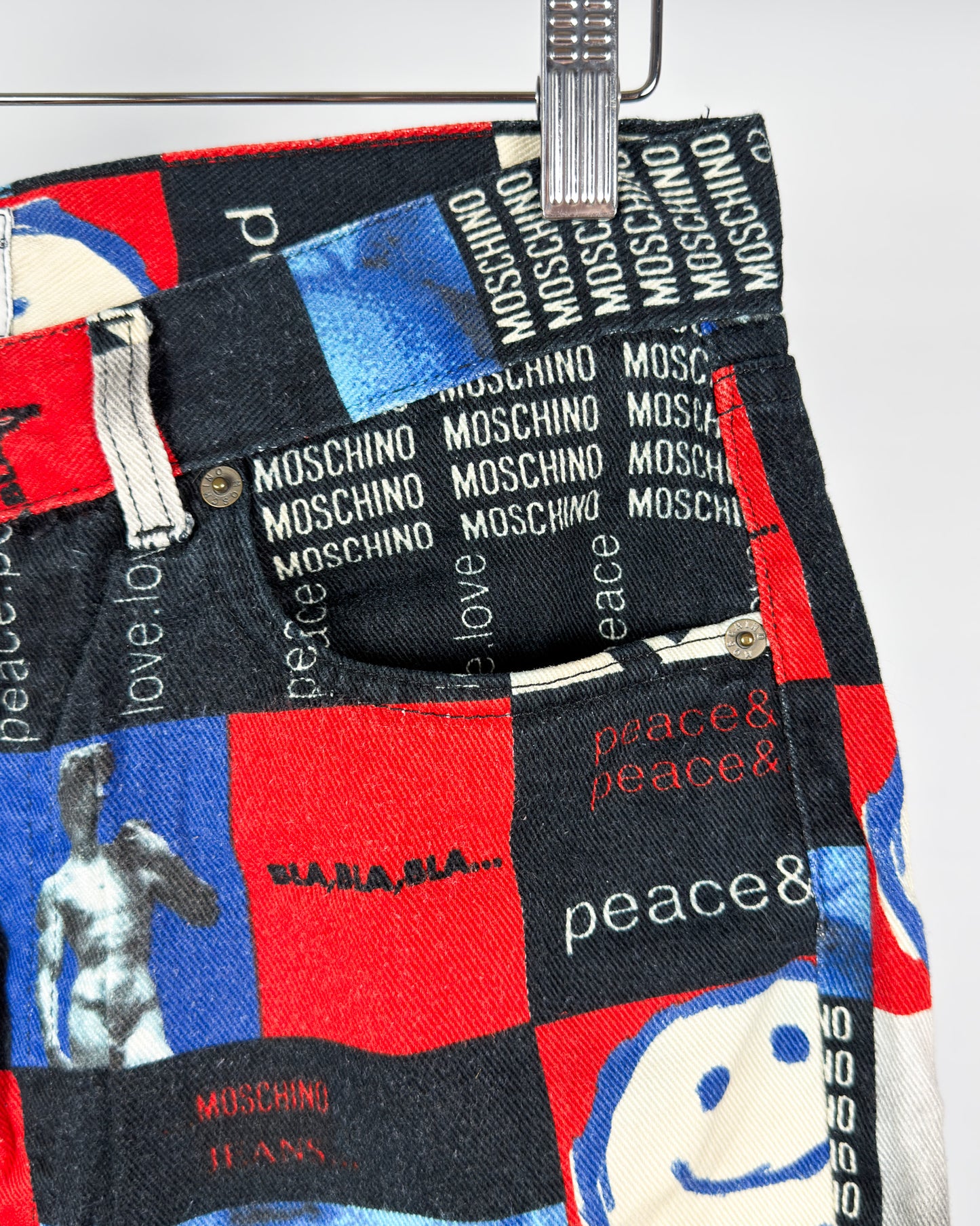 Moschino Jeans 'Peace & Love' Print Jeans - Size: 32" - 90s - Vintage