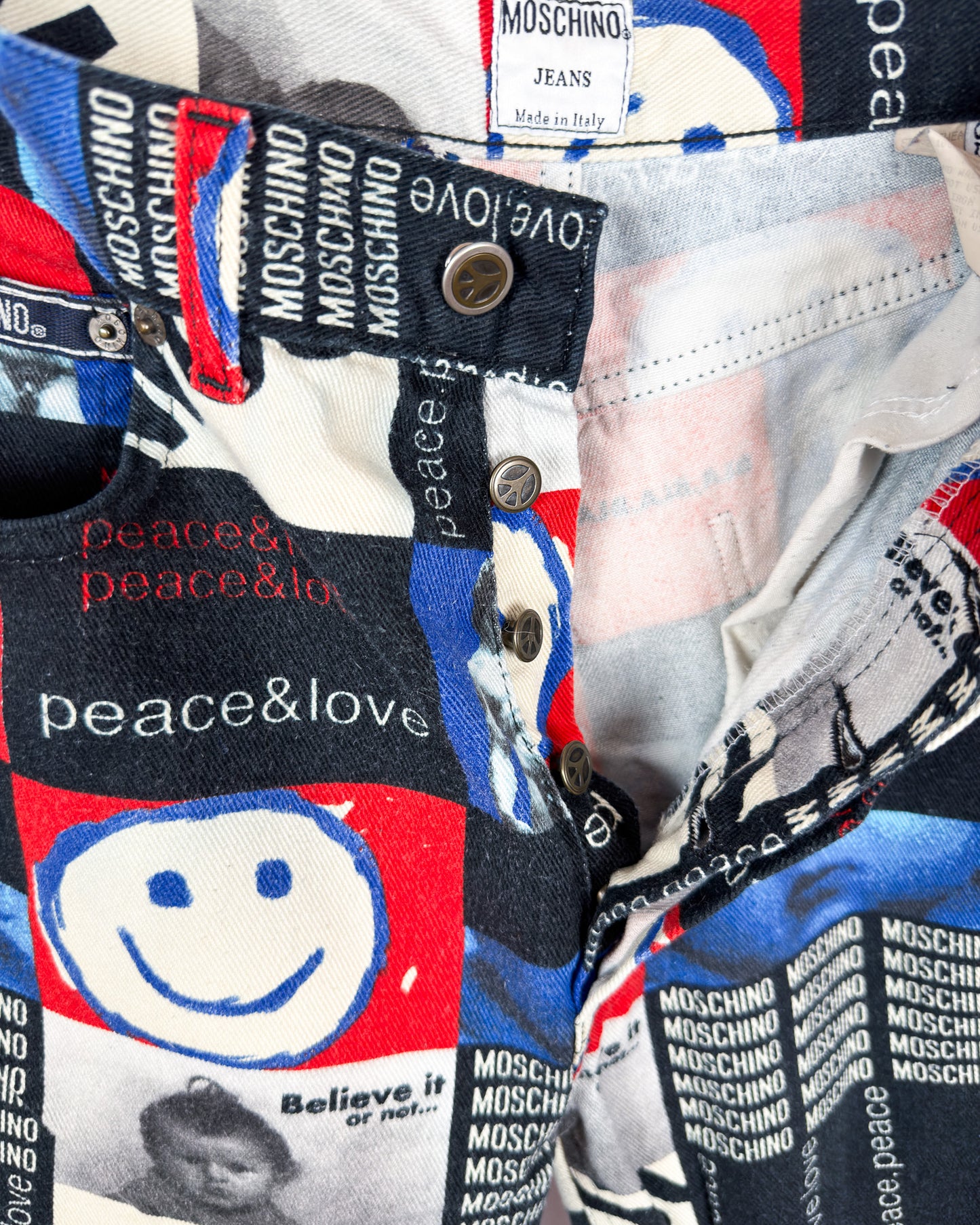 Moschino Jeans 'Peace & Love' Print Jeans - Size: 32" - 90s - Vintage