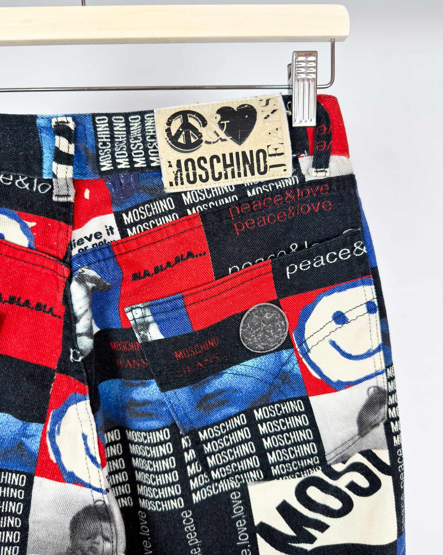 Moschino Jeans 'Peace & Love' Print Jeans - Size: 32" - 90s - Vintage