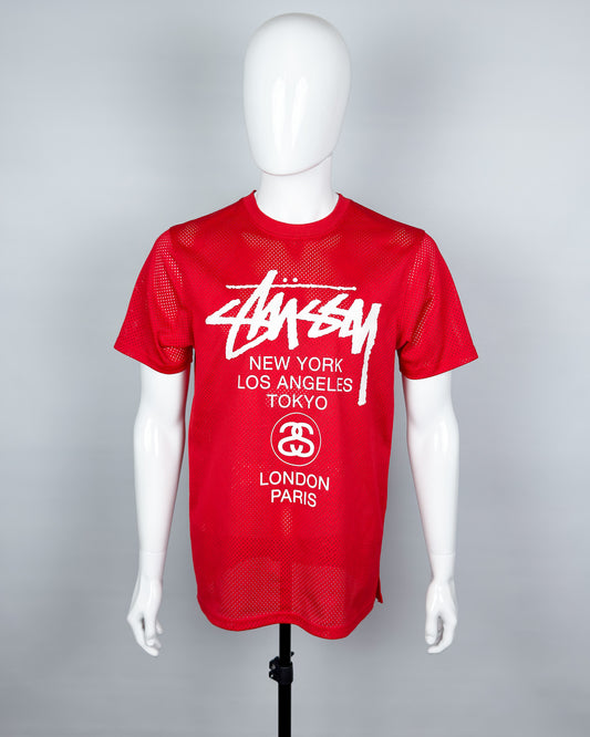 Stüssy Early 2000's 'World Tour' Print Mesh T-shirt - Size: Medium