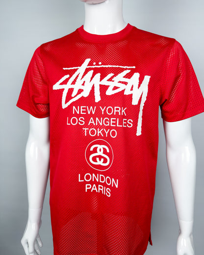 Stüssy Early 2000's 'World Tour' Print Mesh T-shirt - Size: Medium